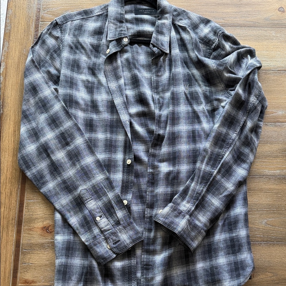 All Saints Men's Gray Plaid Long-Sleeve Button-Down Shirt